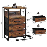 runjuly Bed Side Table with 3 Fabric Drawers, Night Stand with Charging Station, LED Nightstand with Hooks, Bedside Table End Table with Storage, Night Table for Living Room, Bedroom (Rustic Brown) runjuly