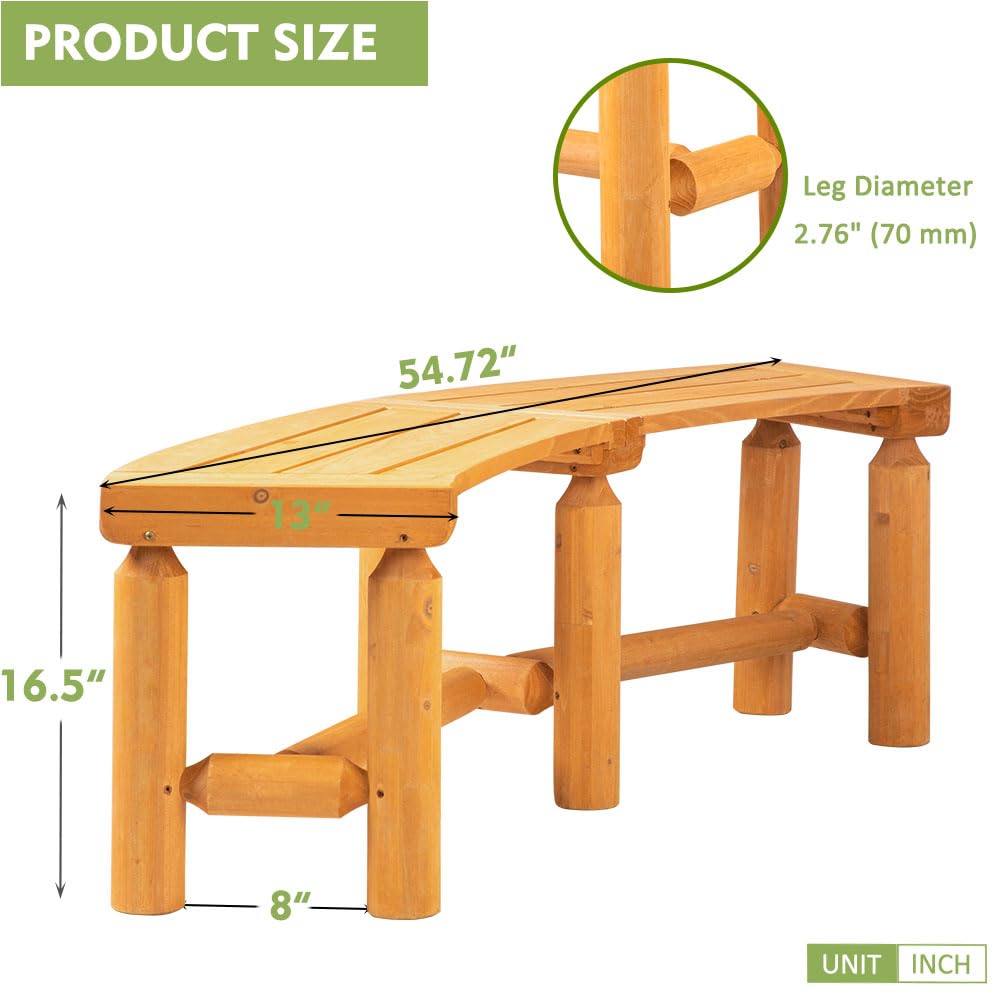 FORTUNO Outdoor Wooden Curved Backless Porch Bench Rustic Style Cedar/Fir Wood Log Fire Pit Bench for Patio Garden Deck and Backyard, 40"-54.7" W×13" D×16.5" H, Brown FORTUNO