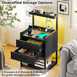 AOGLLATI LED Nightstand Set of 2 with Charging Station, 2 Drawers Night Stand with LED Lights for Bedroom, 2 USB Ports, 2 Power Outlets, Bed Side Table with Storage Shelves AOGLLATI