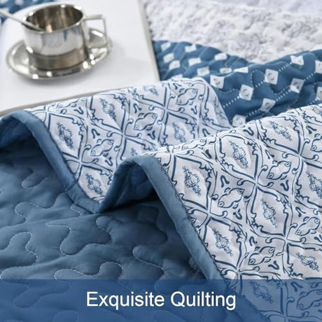WONGS BEDDING Blue Quilt King Size, Bohemian Stripe Quilt Sets 3 Pieces Boho Quilted Bedspread Set Lightweight Microfiber Coverlet Bedding Set All Season (104"x90") WONGS BEDDING