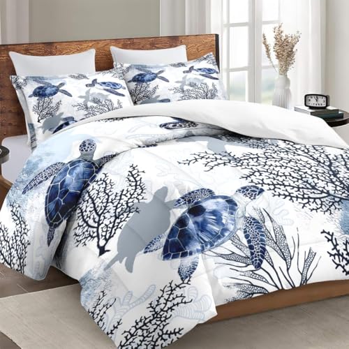 WeCozy Twin Size Comforter Set with Pillowcase, Animal Blue Turtle Sea Coral Soft 2 Pcs Bedding for Kids and Adults Bedroom Bed Decor WeCozy