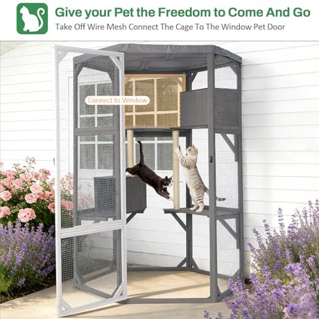 Catio Outdoor Cat Enclosures, Large Wood Cat House, Cat Enclosure Connect to Window with 2 Resting Box, 2 Platforms, 2 Scratching Pole FurrParner