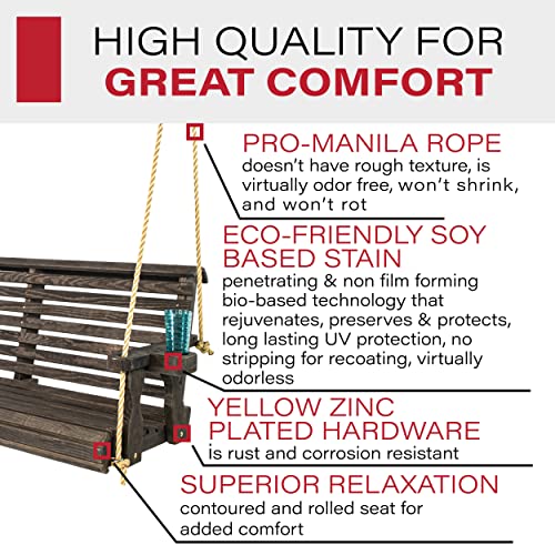 Amish Casual Heavy Duty 800 Lb Roll Back Treated Porch Swing with Hanging Ropes and Cupholders (5 Foot, Semi-Solid Black Stain) Amish Casual