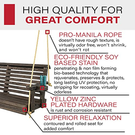 Amish Casual Heavy Duty 800 Lb Roll Back Treated Porch Swing with Hanging Ropes and Cupholders (5 Foot, Semi-Solid Black Stain) Amish Casual