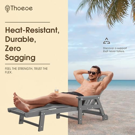 THOEOE Patio Chaise Lounge Chair Set of 2, Lounge Chair Outdoor with 5 Positions, HDPE, Patio Lounge Chair with Wheels & Cup Holder for Pool, Deck, Poolside,Grey THOEOE