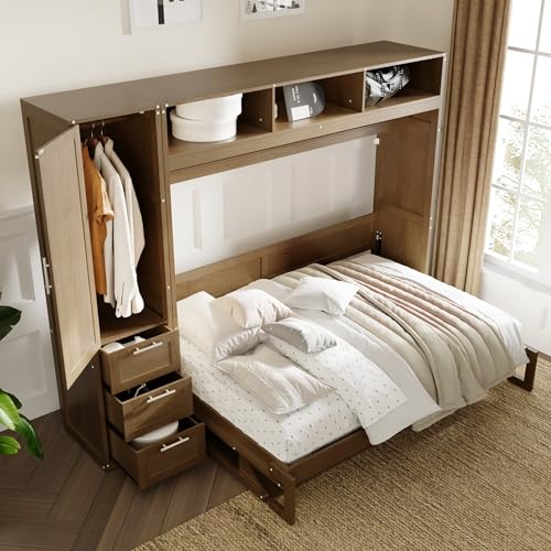 Harper & Bright Designs Full Size Murphy Bed with Wardrobe, Drawers and Open Shelves, Wooden Full Platform Bed, Hidden Foldable Bed Frame, Wall Bed for Home Office or Small Room,Antique Wood Harper & Bright Designs