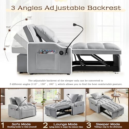 KINFFICT Sleeper Sofa Chair Bed, Convertible 3-in-1 Armchair, Adjustable Sleeper Chair with Pullout Bed, Single Lounger Futon with Side Pockets for Living Room (Grey) KINFFICT