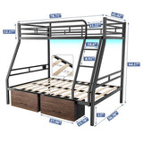 PVWIIK Bunk Bed Twin Over Full with Storage Drawers and LED/Metal Bunk Bed Frame w/Under-Bed Storage for Dormitory,Living Room,Bedroom,Kids,Black PVWIIK