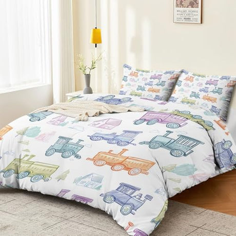3-Piece Double-Sided Printed Duvet Cover Set Single – Soft Microfiber Bedding with Minimalist Car Cute Design with Zipper Closure,Includes 1 Duvet Cover + 2 Pillowcases Multicolor Generic