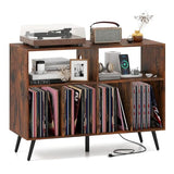 Giantex Large Record Player Stand with Charging Station, Turntable Stand Holds Up to 300 Albums, Record Player Table with Raised Leg, Vinyl Record Storage for Living Room (Rustic Brown) Giantex