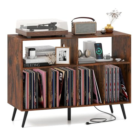 Giantex Large Record Player Stand with Charging Station, Turntable Stand Holds Up to 300 Albums, Record Player Table with Raised Leg, Vinyl Record Storage for Living Room (Rustic Brown) Giantex