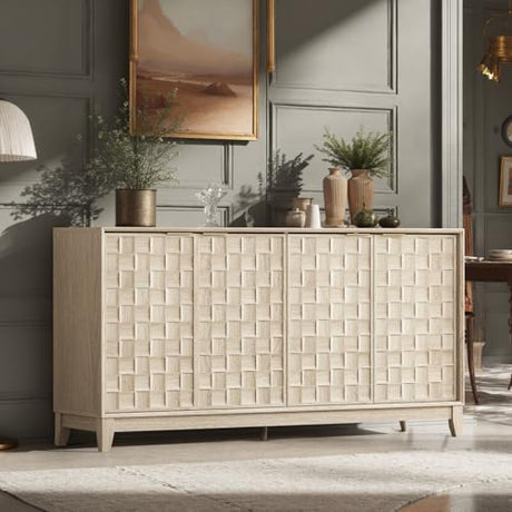 COLAMY Fluted Sideboard Cabinet with Storage – Solid Wood Buffet for Dining Room, Credenza Console with Adjustable Shelves, Walnut Finish, Mid Century Modern Style,Oak White COLAMY