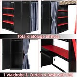 Merax Full Size Loft Bed with Desk and 6 Storage Shelves, Wardrobe, Blackout Curtain, Sturdy Wood Gaming Loft Bunk Bed Frame with USB Port & RGB Lights, No Box Spring Needed, Space-Saving, Black+Red Merax