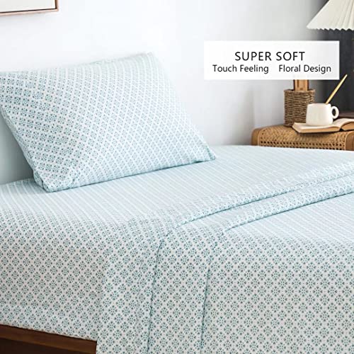 KACEMOO Twin Bed Sheet Set Printed Blue Floral Pattern Cooling 1800 Microfiber Deep Pocket, Hotel Luxury, Super Soft, Breathable, Hypoallergenic, Wrinkle Free, Single Bedding for Kids - (Cyan & Boho) KACEMOO