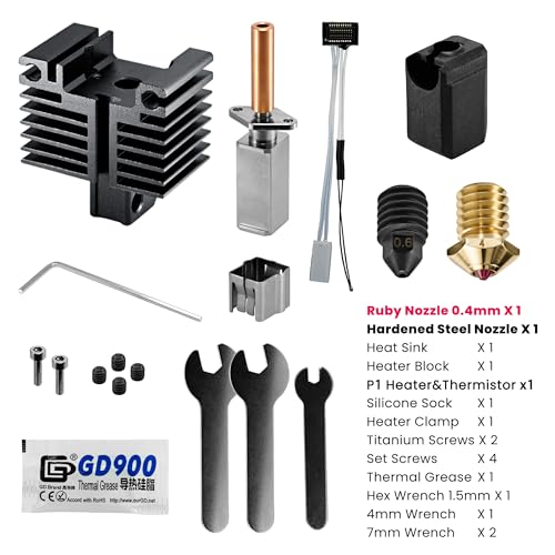 DUROZZLE Ruby Nozzle Hotend Combo with Ceramic Heater and Thermistor for Bambu Lab P1P / P1S, Compatible with Hardened Steel & Ruby & Tungsten Carbide & Diamond Nozzles