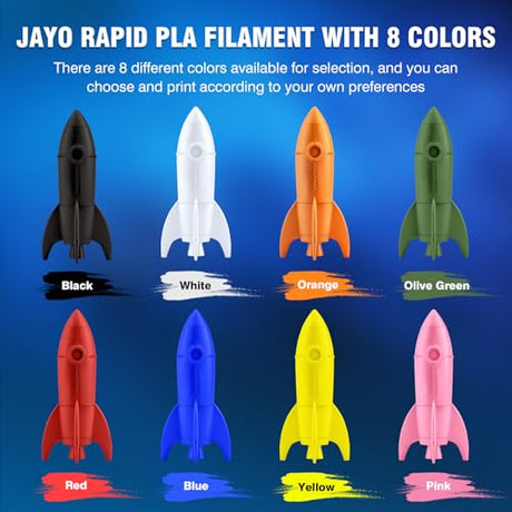 JAYO Rapid PLA 3D Printer Filament Bundle 2KG, High Speed PLA Filament 1.75mm 50mm/s - 600mm/s Print Range, 8 Pack 250g Spool Filament (Black, White, Blue, Red, Pink, Orange, Yellow, Olive Green) JAYO