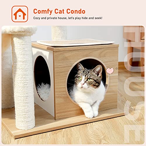 PEQULTI Cat Tree Modern Cat Tower for Indoor Cats,Multilevel Cat Play House with Large Condo, Spacious Hammock, Cozy Top Perch,Scratching Post and Dangling Balls