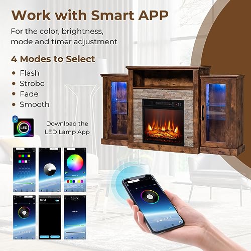 COSTWAY Electric Fireplace TV Stand for TVs Up to 65 Inches, 18-inch Fireplace Insert with APP Control, Remote Control, 16 Color Lights, Wooden Entertainment Center with Adjustable Shelves, Brown COSTWAY