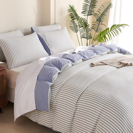BUPIRD Comforter Set King Striped Blue 100% Soft Washed Microfiber Jacquard 3 Pieces King Striped Bedding Sets Blue White Comforter for All Seasons and 2 Pillowcases Comfort Breathable BUPIRD