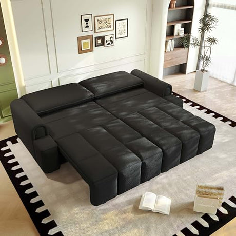 LuxyHoom 90.2" Futon Sofa Bed King, 3-in-1 Teddy Convertible L-Shaped Sofa, Upholstered Loveseat Couches, Pull Out Couch Bed Small Spaces, Deep Seat, Storage for Living Room, Apartment, Black LuxyHoom