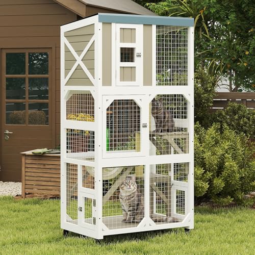 Mayugardening Catio Outdoor Cat Enclosure,Outdoor Cats House with 5 Platforms & Space Capsule,Wooden Cat Catio Cats Enclosure with Weatherproof Oxford Cloth Roof & 4 Wheels,Grey mayugardening