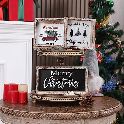 FESTWIND Farmhouse Christmas Decor, Merry and Bright Block Sign for Shelf, Mantel, Farmhouse Christmas Decorations for Home, Embossed Metal With Wood Frame FESTWIND