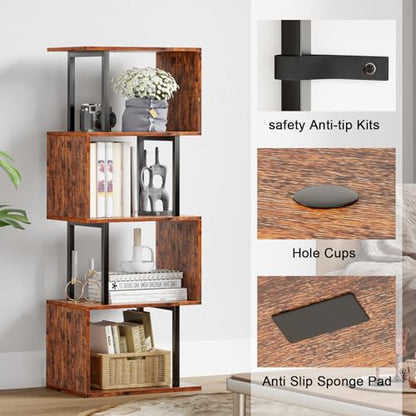 S-Shaped 5-Tier Furologee Bookshelf - Modern Rustic Brown Display Rack for Home & Office - WoodArtSupply