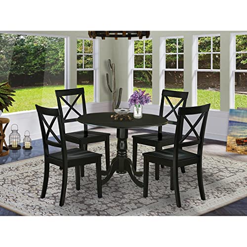 East West Furniture DLBO5-BLK-W 5 Piece Dinette Set for 4 Includes a Round Dining Room Table with Dropleaf and 4 Kitchen Dining Chairs, 42x42 Inch, Black East West Furniture