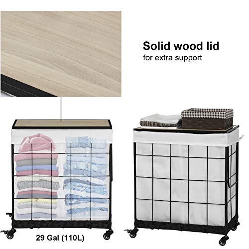 Durable Laundry Hamper with Removable Liner Bag, Heavy Duty Wheels, Wood Lid and Metal Handle - Clothes Sorter and Laundry Basket in White Hermina