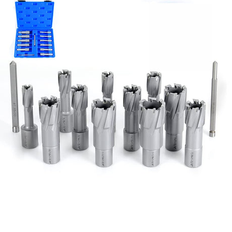 OSCARBIDE Carbide TCT Annular Cutter Set 13 pcs,3/4"Weldon Shank,1-3/8"Cutting Depth and 1/2 to 1-1/8 inch Cutting Diameter,TCT Mag Drill Bits for Magnetic Drill Press with Pilot Pins OSCARBIDE