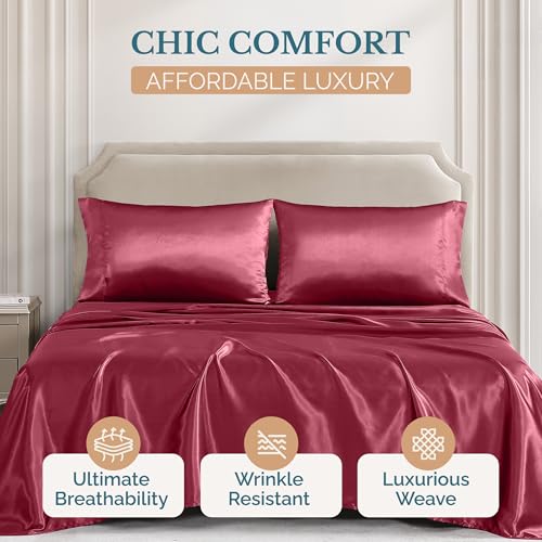 Casa Platino King Satin Sheet Set - Super Soft Cooling King Sheets Set with 15 Inch Deep Pocket Fitted Sheet, Helps Prevent Hair Frizz & Breakouts, Silky Smooth, Fade-Resistant - Burgundy Red Casa Platino