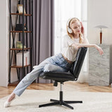 OLIXIS Criss Cross Chair Without Wheels, Cross Legged Office Chair, Armless Wide Vanity Desk Chair with Comfy PU Leather& Back - Swivel for Home Office Bedroom, Black OLIXIS