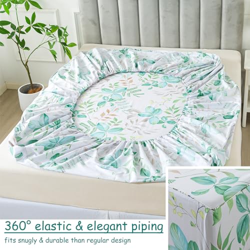 FADFAY Full Sheets 100% Cotton Teal Green Leaf Pattern Printed Bed Sheets, Botanical Sheets Leaves Pattern Modern Minimalist Bedding, Soft Crisp & Breathable Luxury Deep Pocket Fitted Sheet, 4Pc FADFAY