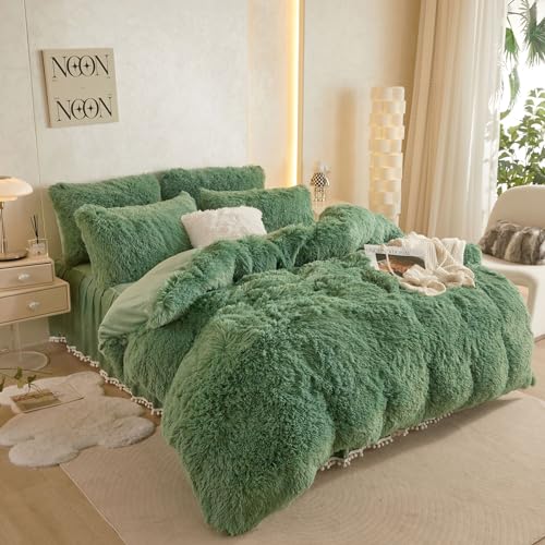 HAIHUA Faux Fur Sage Green Comforter Cover Queen Set, Soft Fluffy Shaggy Sage Green Bedding Queen Set 3 Pieces (1 Fuzzy Duvet Cover + 2 Plush Pillow Cases) Furry Bed Set, Zipper Closure HAIHUA