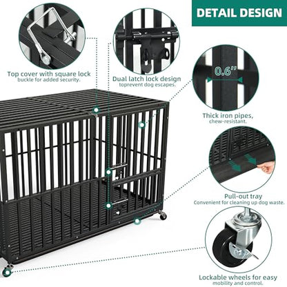 YITAHOME Heavy Duty Indestructible Dog Crate, 47/43/37 inch Escape Proof Dog Cage Kennel with Lockable Wheels, High Anxiety Dog Crate, Extra Large Crate Indoor for XL Large Dog with Removable Tray