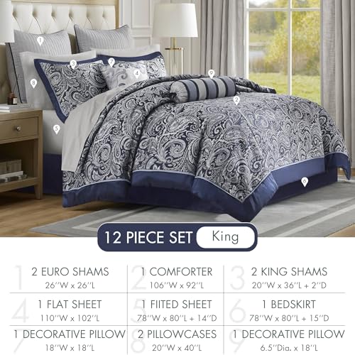 Madison Park Aubrey Cozy Comforter Set, Faux Silk Jacquard Paisley Design - All Season Down Alternative Bedding with Cotton Bed Sheets, Bed Skirt & Toss Pillows, King Navy 12 Piece Madison Park