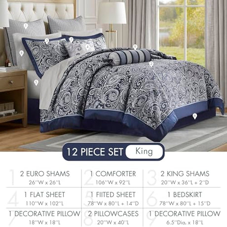 Madison Park Aubrey Cozy Comforter Set, Faux Silk Jacquard Paisley Design - All Season Down Alternative Bedding with Cotton Bed Sheets, Bed Skirt & Toss Pillows, King Navy 12 Piece Madison Park