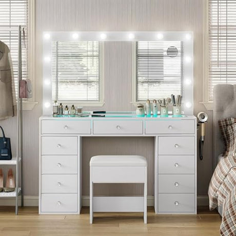 Vanity Desk with Mirror, Makeup Table with Power Outlet and 11 Lights, Set 3 Lighting with RGB Drawers, Vanity Table with 11 Drawers and Cushioned Stool for Bedroom, Dressing Room (White) CollaredEagle