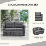 Outsunny 2 Piece Patio Wicker Corner Sofa Set, Outdoor PE Rattan Furniture, with Curved Armrests and Padded Cushions for Balcony, Garden, or Lawn, Lawn, Grey Outsunny