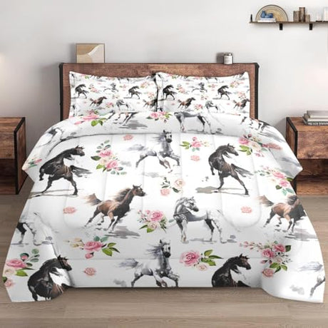 WeCozy Twin Size Comforter Set with Pillowcase, Horses Soft 2 Pcs Bedding for Kids and Adults, Pink Rose Flower Comforter Set for Room Bedroom Bed Decor WeCozy