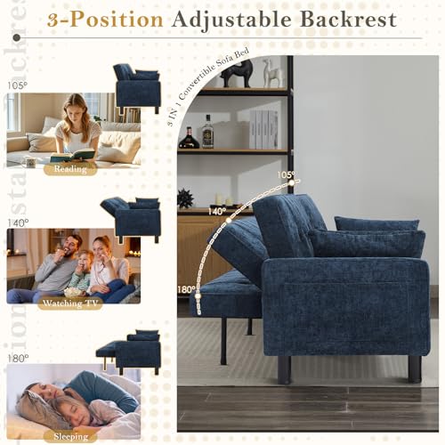 Futon Sofa Bed,Convertible Loveseat Sleeper Sofa Bed Modern Loveseat Futon Couch with Storage/Adjustable Backrest/2 Pillows,Small Blue Couches for Living Room Furniture (Blue, 2-Seater) Generic