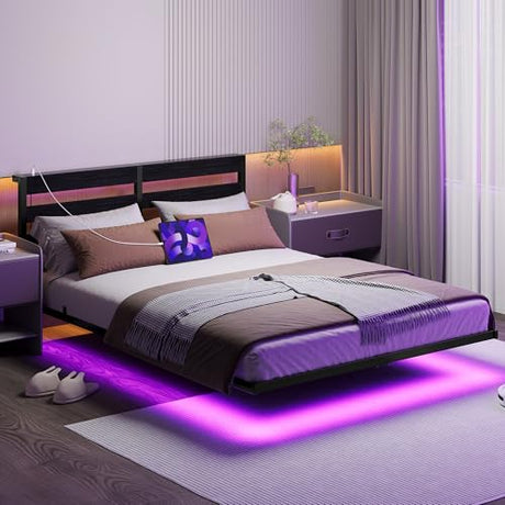 Floating Queen Bed Frame with Headboard and Storage,Metal Platform Bed Frame Queen Size with Charging Port and LED Lights,No Box Spring Needed,Easy Assembly,Noise Free,Heavy Duty Black Bed Frame SOLACECASA