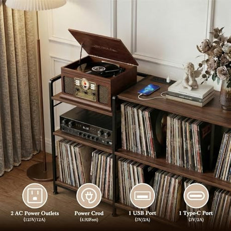 Faesun Record Player Stand with Vinyl Record Storage, Turntable Stand with Power Outlet, Large Record Storage Shelf Holds 500 Albums, Industrial Audio Rack for Living Room Bedroom, Walnut Faesun