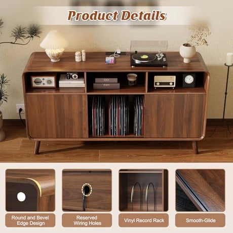 Nasonet Record Player Stand with Vinyl Storage Cabinet, 55'' Large Mid Century Modern Turntable Cabinet with Charging Station & USB Ports, Curved Wood Stereo Cabinet for Living Room, Walnut Nasonet