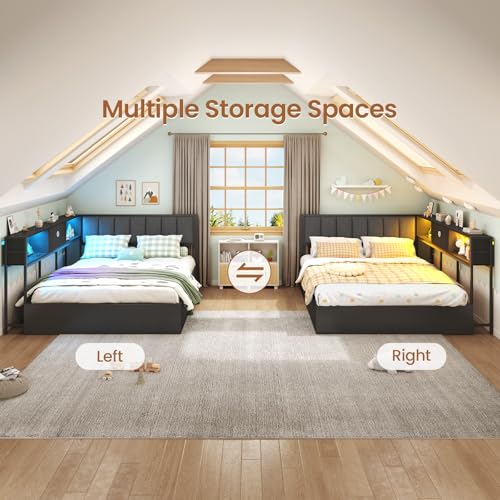 Hasuit Corner Full Lift Up Storage Bed Frame with Charging Station & LED Lights, Full Day Bed with Upholstered Headboard and Bookcase, Corner Beds with Hydraulic for Kids Teens Guests, Black Hasuit