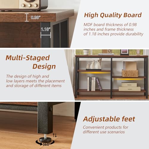 HOMBAZAAR Console Sofa Table, Rustic Entryway Table with Metal Frame and Open Shelves, Industrial Hallway Table with 3 Tier for Entry, Living Room, Foyer,Brown,47 inch HOMBAZAAR