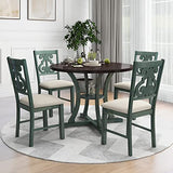 Merax 5 Piece Round Dining Table Set 4 Retro Chairs with Special-Shaped Table Legs, Exquisitely Designed Hollow Chair Back for Dining Room, Antique Blue Merax