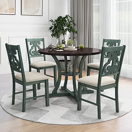Merax 5 Piece Round Dining Table Set 4 Retro Chairs with Special-Shaped Table Legs, Exquisitely Designed Hollow Chair Back for Dining Room, Antique Blue Merax