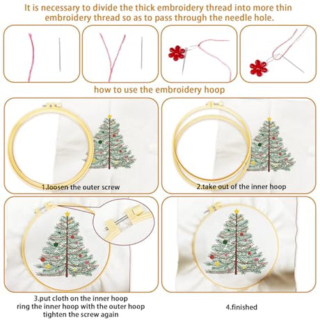 BEUNITONE 4PCS Christmas Tree Embroidery Kit Merry Christmas Stamped Snowflake Pine Tree Needlepoint Kit DIY Adult Beginner Stamped Cross Stitch Kit with Patterns and Instructions BEUNITONE
