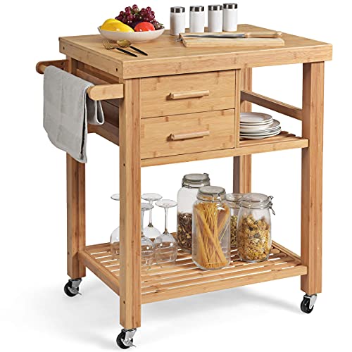 PETSITE Bamboo Kitchen Island Cart, Butcher Block Table on Wheels with Drawers, Shelves, Towel Rack - WoodArtSupply